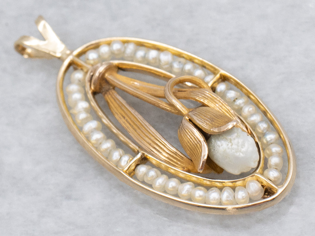 Antique Natural Pearl Lily of the Valley Flower Pendant