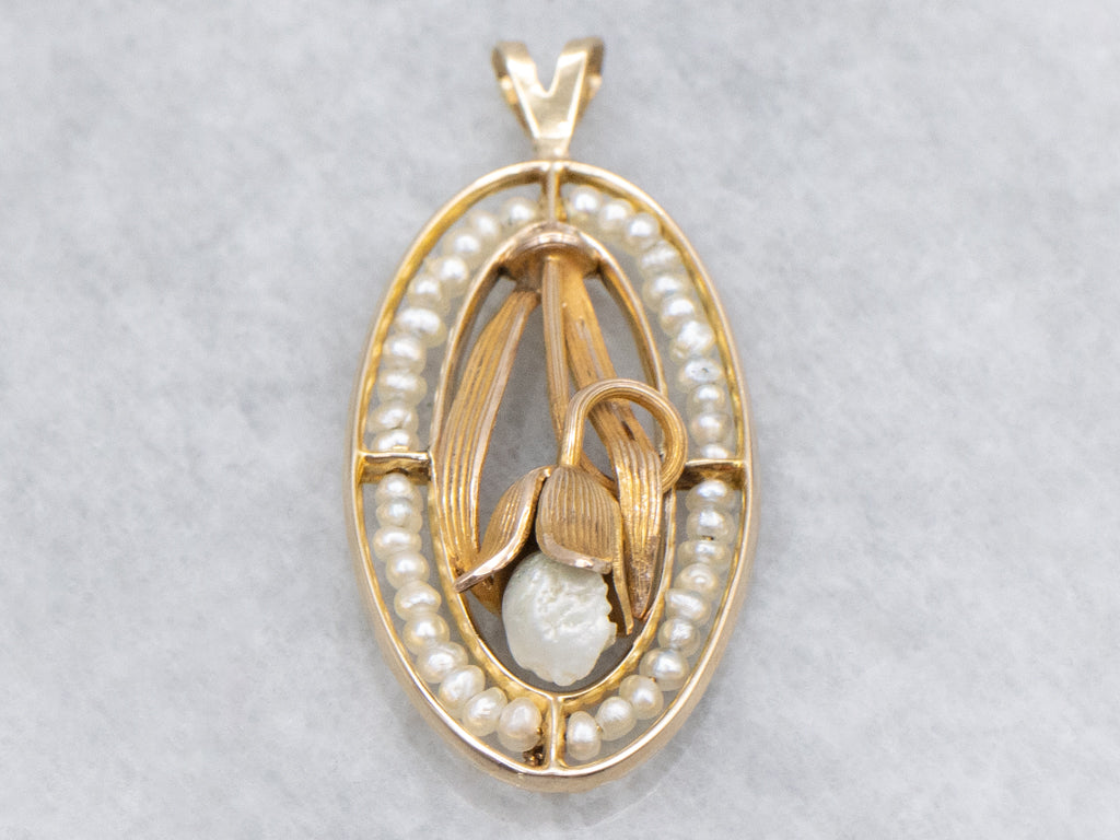 Antique Natural Pearl Lily of the Valley Flower Pendant