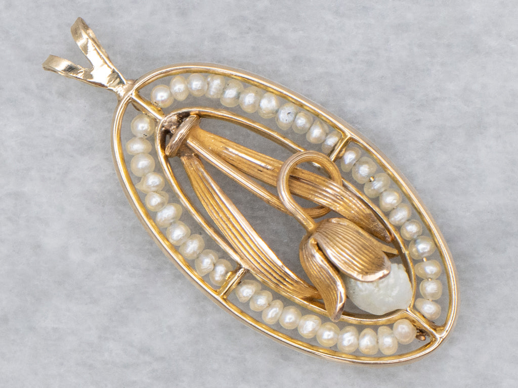 Antique Natural Pearl Lily of the Valley Flower Pendant
