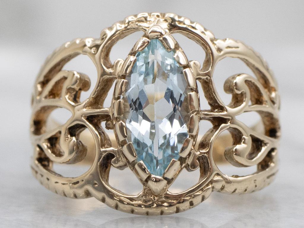 Marquise-Cut Blue Topaz and Gold Ornate Vintage Ring