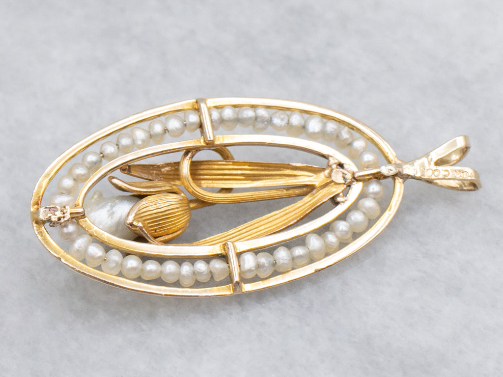 Antique Natural Pearl Lily of the Valley Flower Pendant