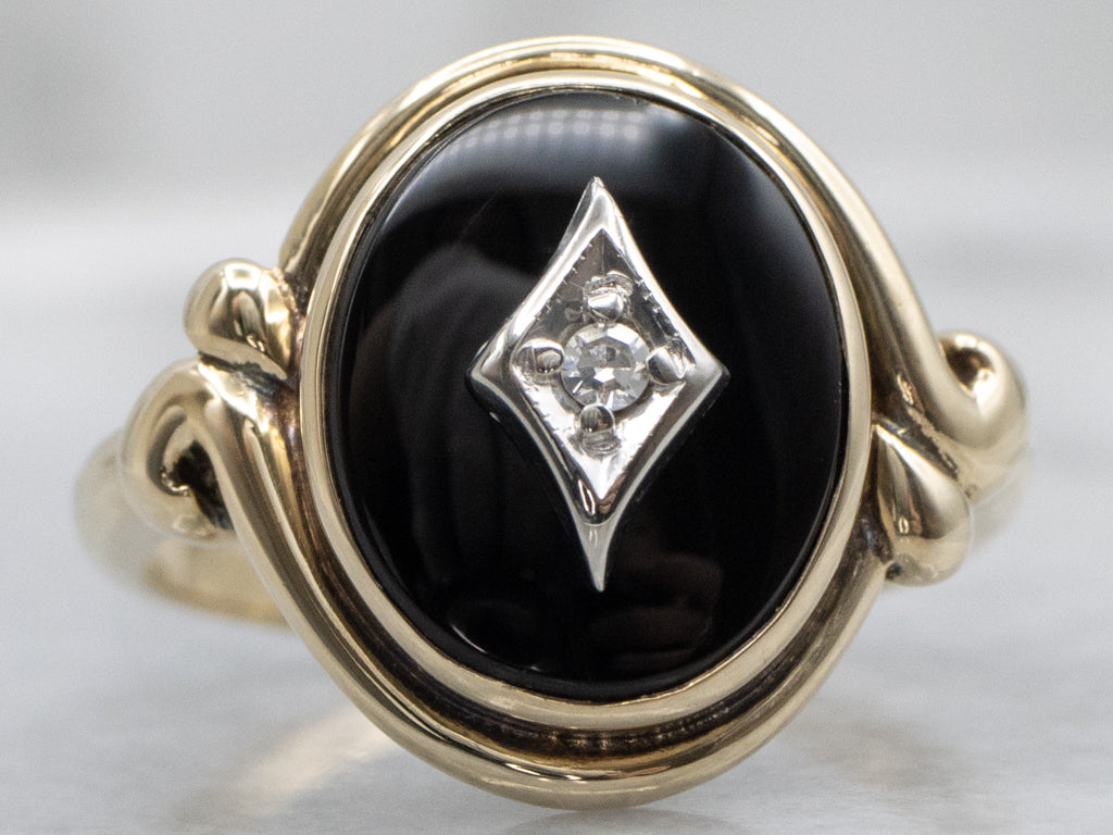 Ladies Mid-Century Onyx and Diamond Two-Tone Ring