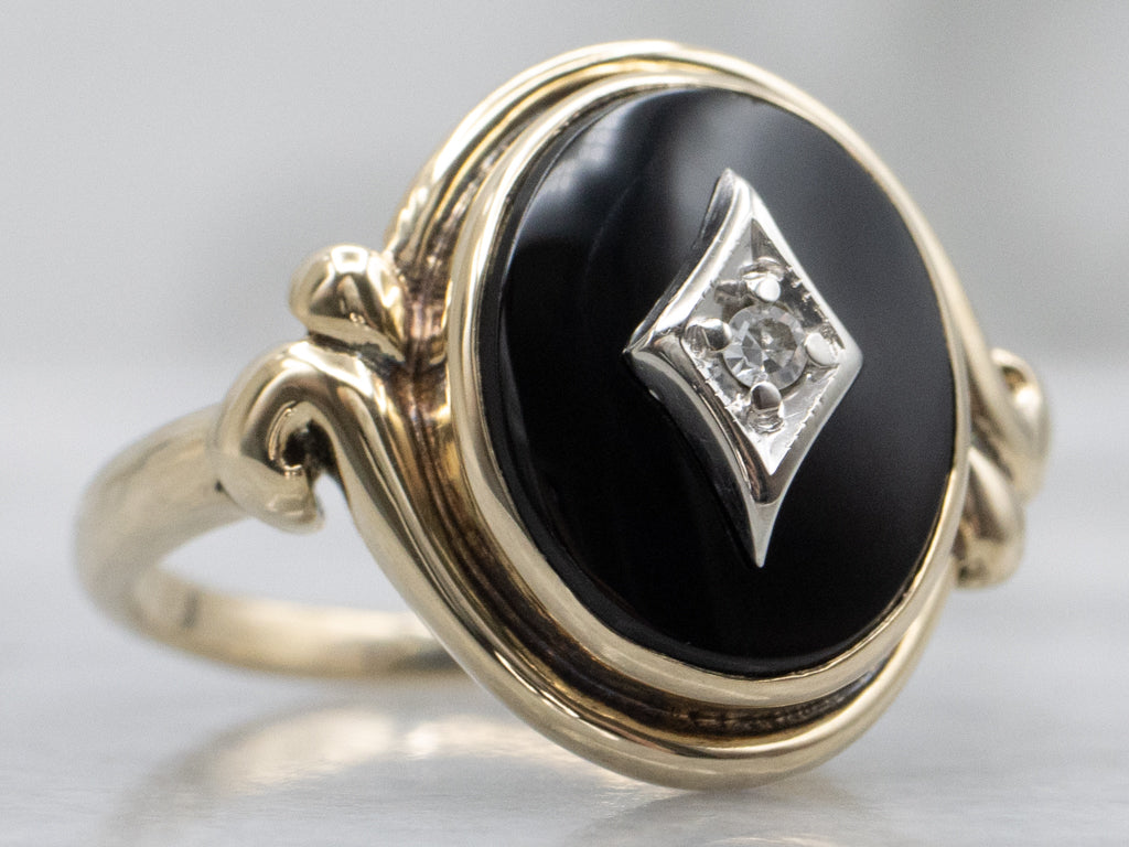 Ladies Mid-Century Onyx and Diamond Two-Tone Ring