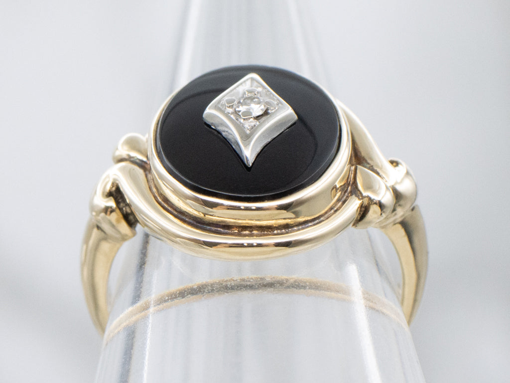 Ladies Mid-Century Onyx and Diamond Two-Tone Ring