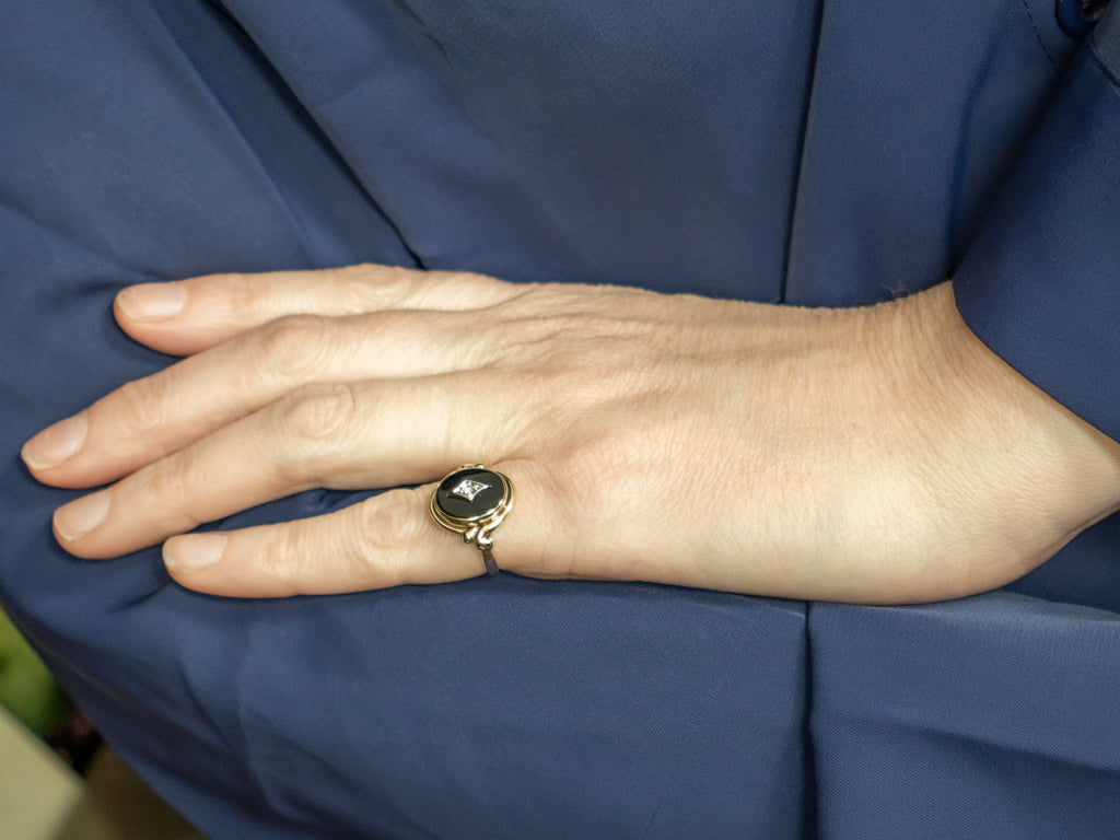 Ladies Mid-Century Onyx and Diamond Two-Tone Ring