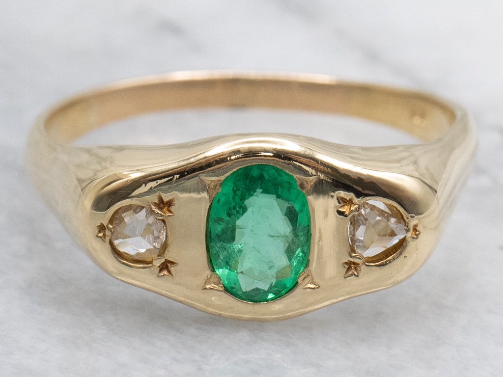 Men's 18-Karat Gold Emerald and Diamond Three Stone Ring
