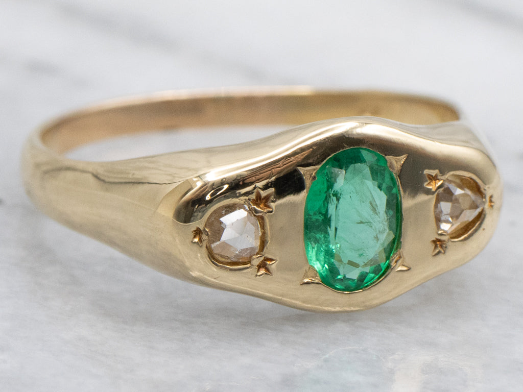Men's 18-Karat Gold Emerald and Diamond Three Stone Ring