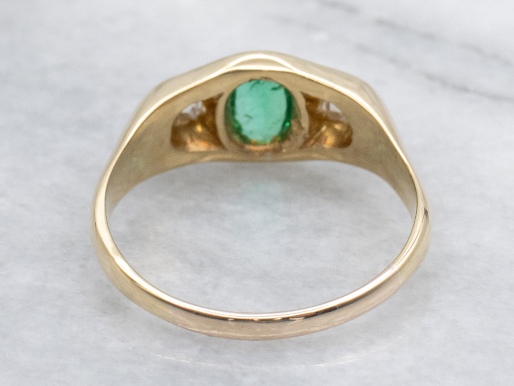 Men's 18-Karat Gold Emerald and Diamond Three Stone Ring