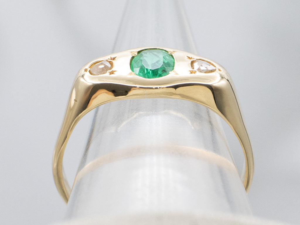 Men's 18-Karat Gold Emerald and Diamond Three Stone Ring