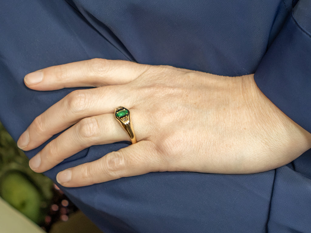 Men's 18-Karat Gold Emerald and Diamond Three Stone Ring
