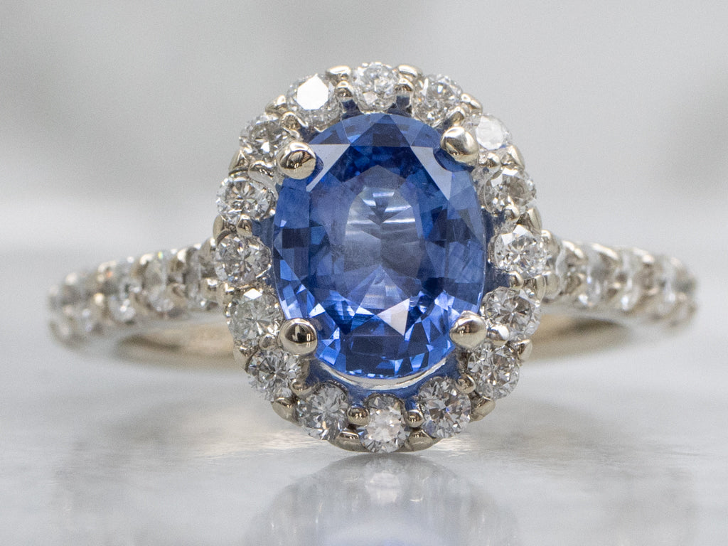 Modern Sapphire and Diamond White Gold Halo Ring