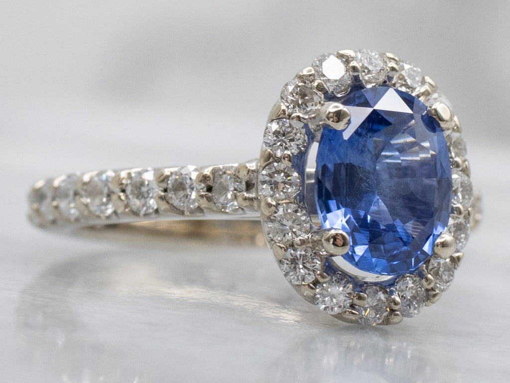 Modern Sapphire and Diamond White Gold Halo Ring