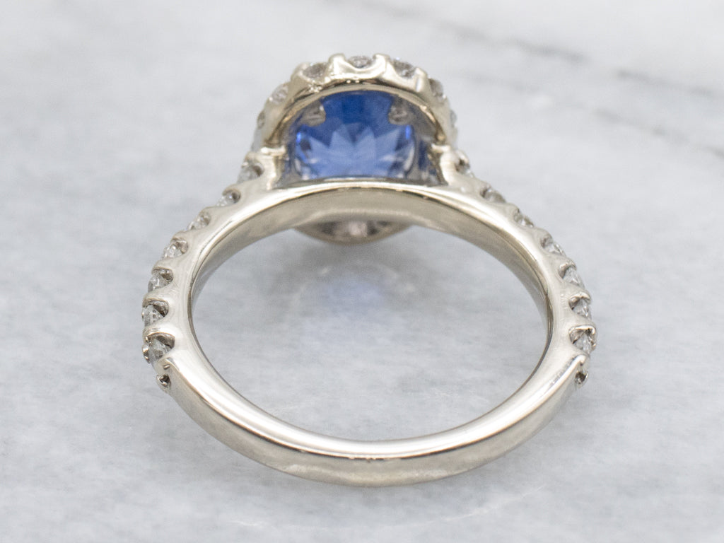 Modern Sapphire and Diamond White Gold Halo Ring