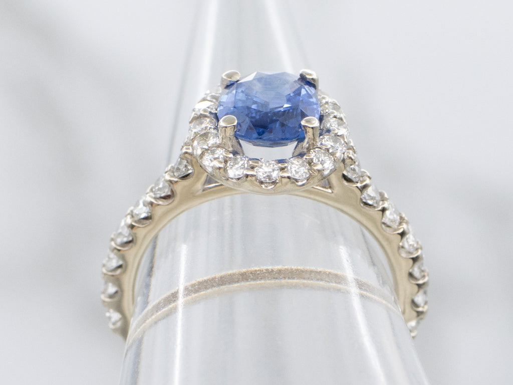 Modern Sapphire and Diamond White Gold Halo Ring