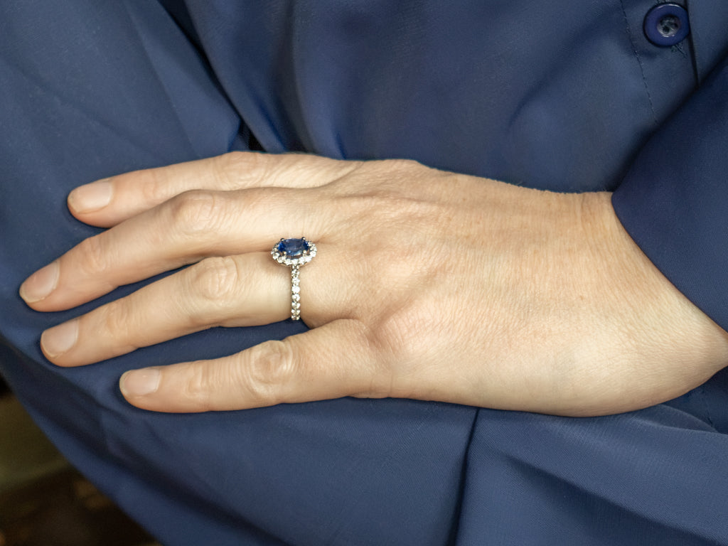 Modern Sapphire and Diamond White Gold Halo Ring