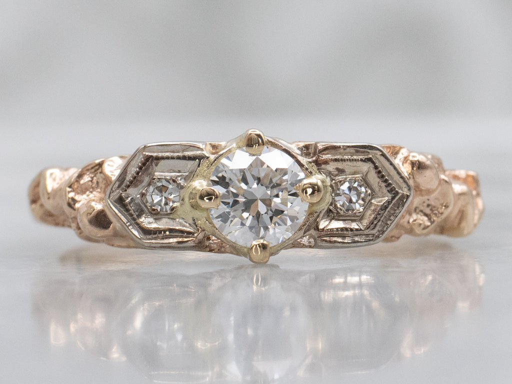 Vintage Tri-Color Gold Diamond Engagement Ring with Cherub Details