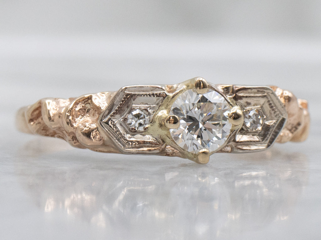 Vintage Tri-Color Gold Diamond Engagement Ring with Cherub Details
