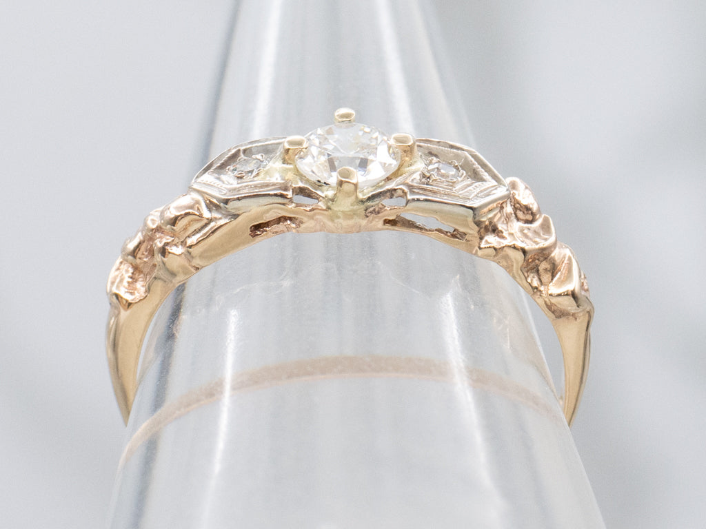 Vintage Tri-Color Gold Diamond Engagement Ring with Cherub Details