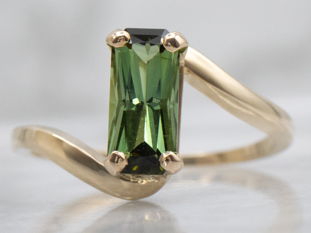 Emerald-Cut Green Tourmaline and Gold Bypass Ring