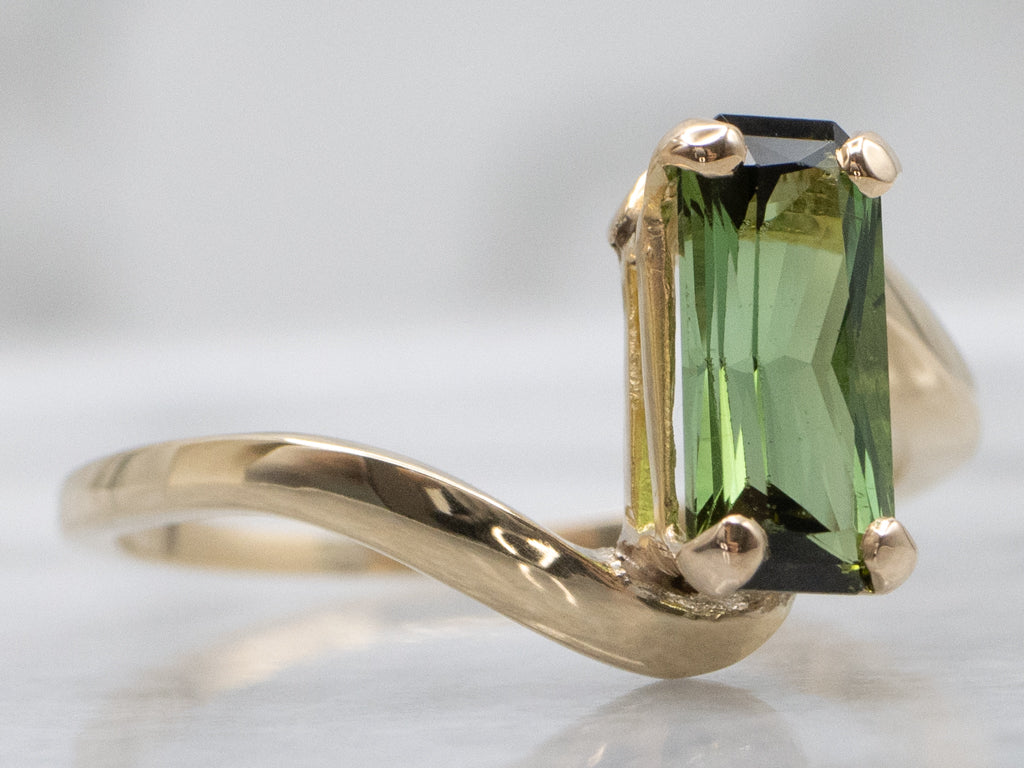Emerald-Cut Green Tourmaline and Gold Bypass Ring