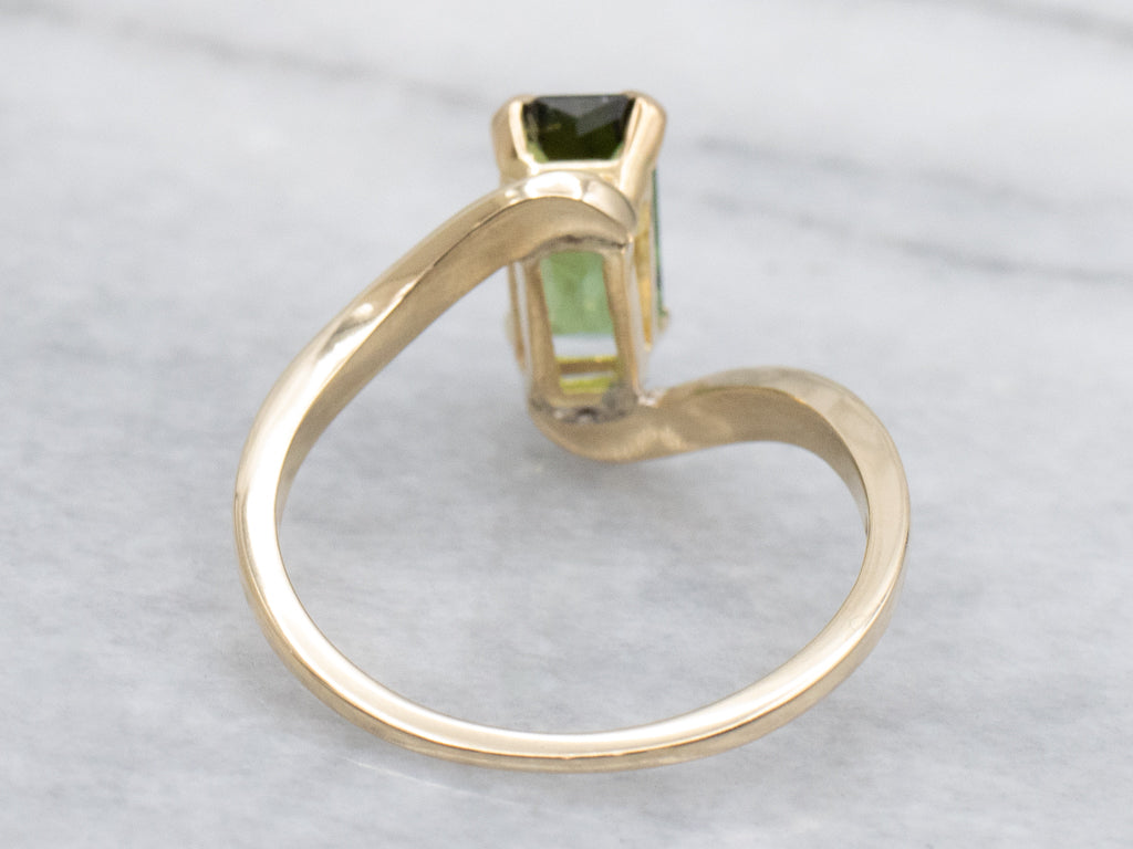 Emerald-Cut Green Tourmaline and Gold Bypass Ring