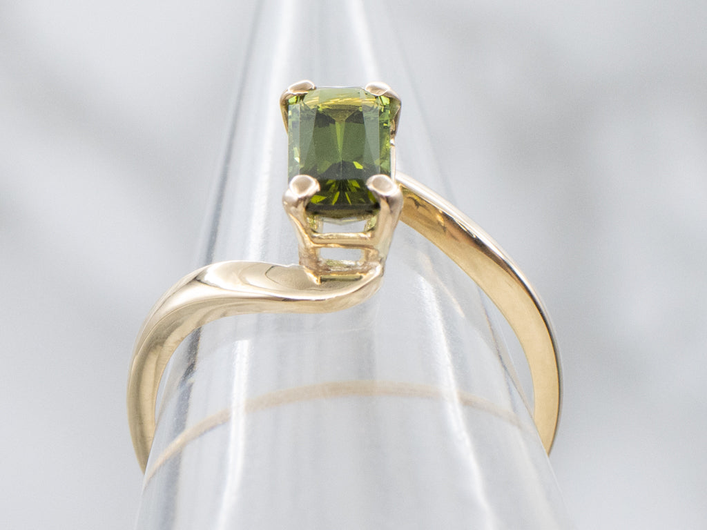 Emerald-Cut Green Tourmaline and Gold Bypass Ring