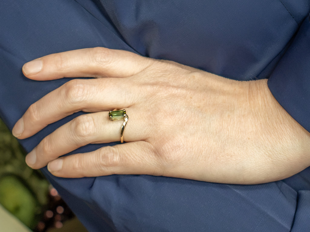 Emerald-Cut Green Tourmaline and Gold Bypass Ring