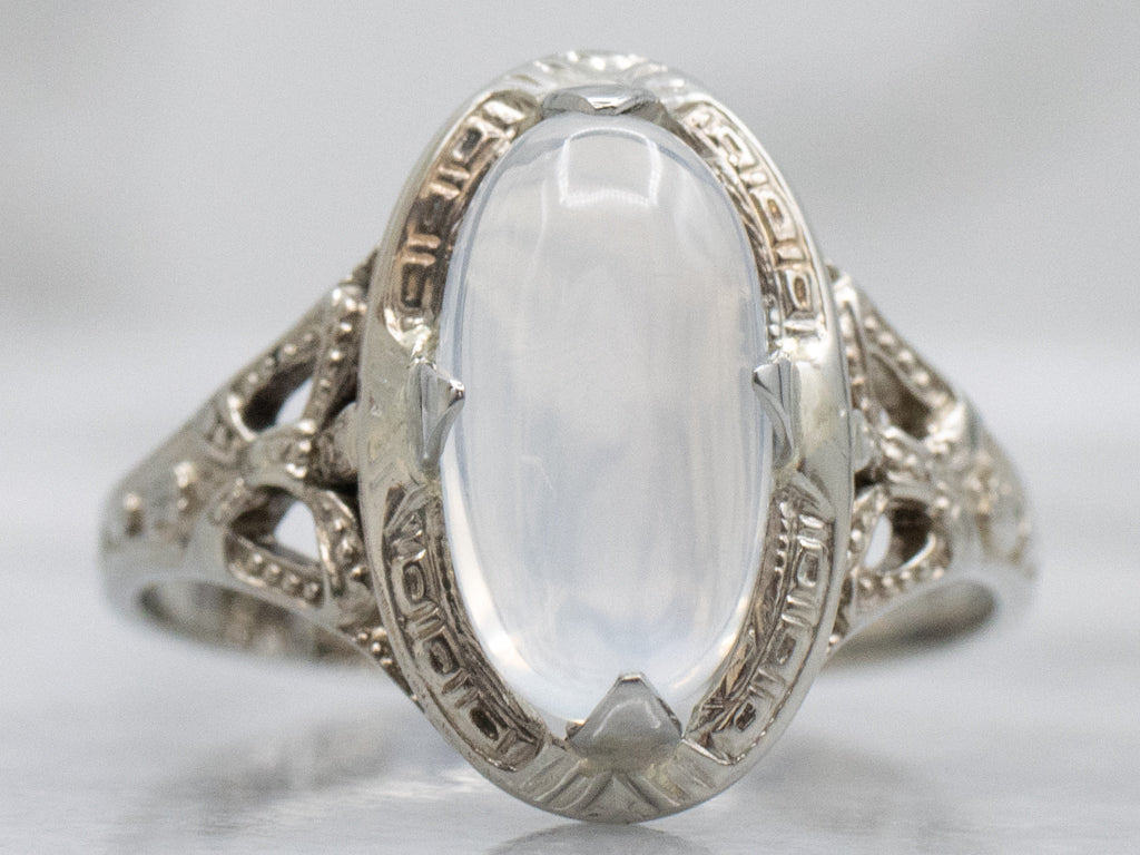 White Gold Moonstone Antique Gold Ring with Sweetheart Bow