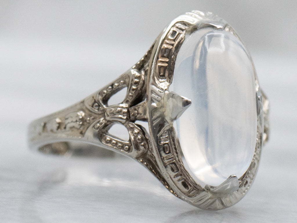 White Gold Moonstone Antique Gold Ring with Sweetheart Bow