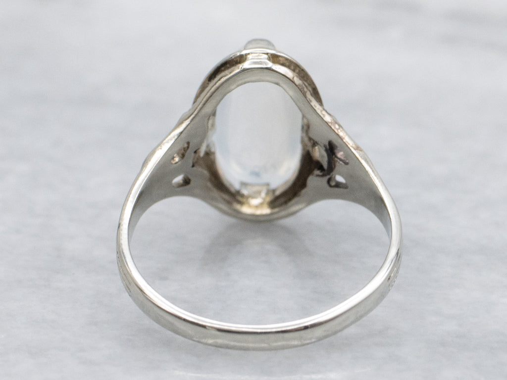 White Gold Moonstone Antique Gold Ring with Sweetheart Bow