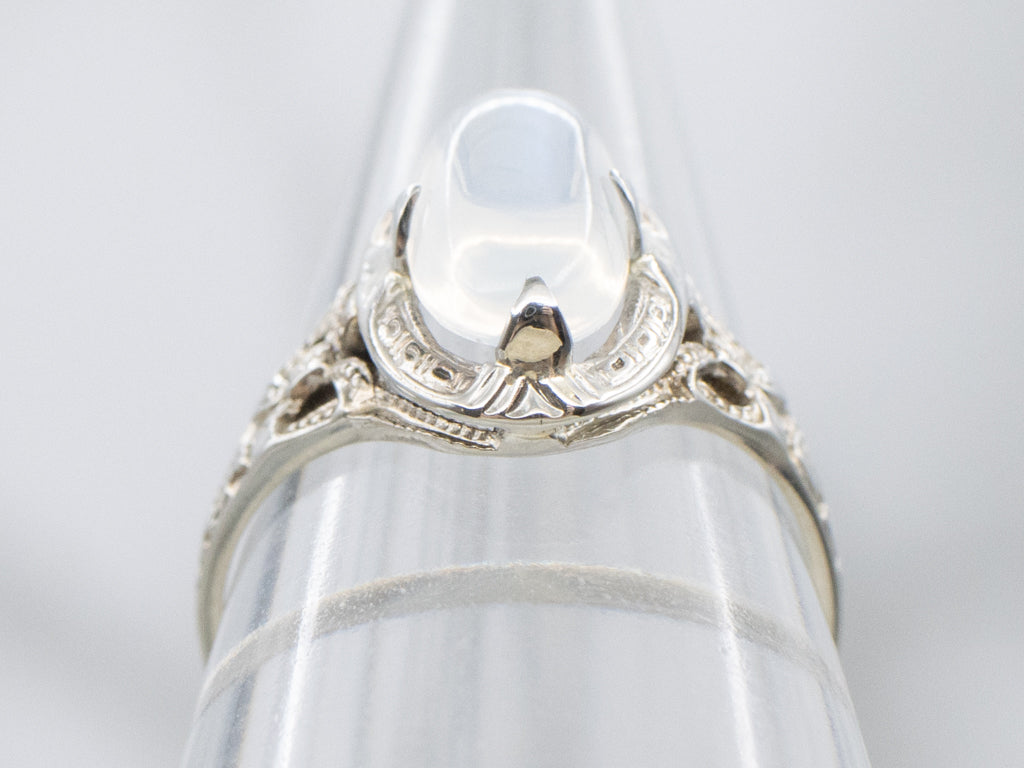 White Gold Moonstone Antique Gold Ring with Sweetheart Bow
