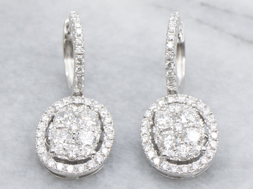 White Gold Diamond Cluster Oval Drop Earrings