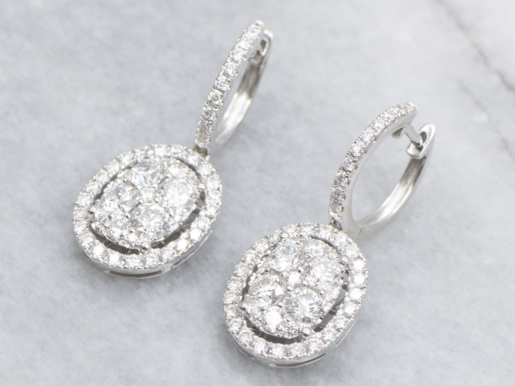 White Gold Diamond Cluster Oval Drop Earrings
