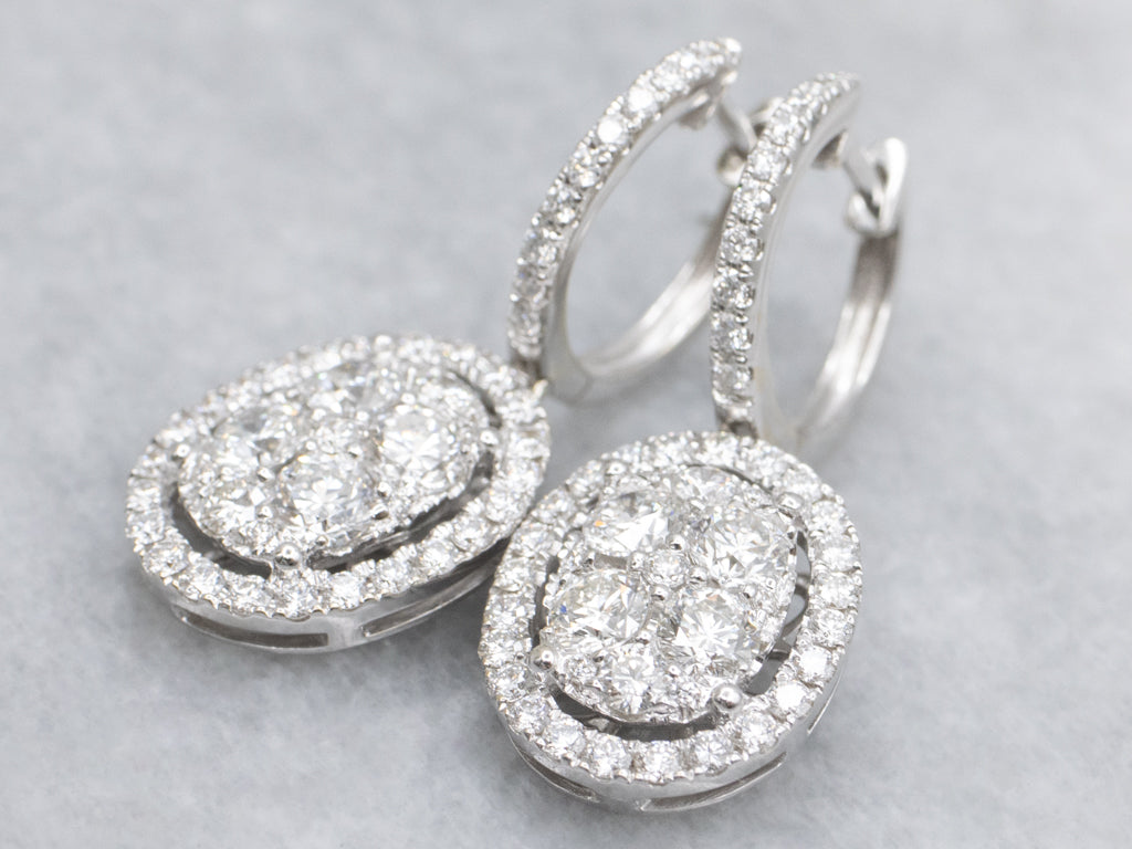 White Gold Diamond Cluster Oval Drop Earrings