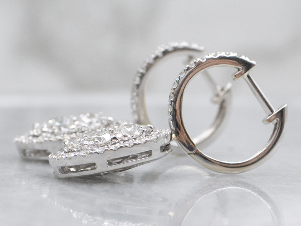 White Gold Diamond Cluster Oval Drop Earrings