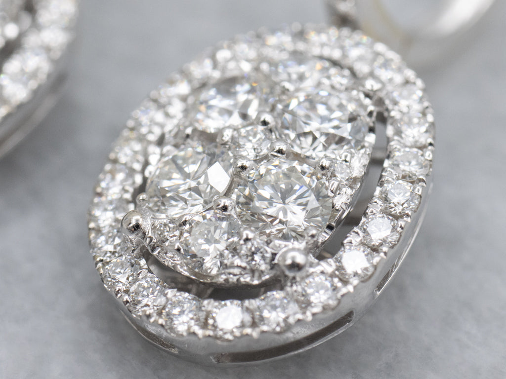 White Gold Diamond Cluster Oval Drop Earrings