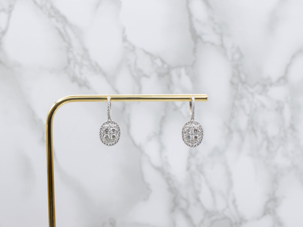 White Gold Diamond Cluster Oval Drop Earrings