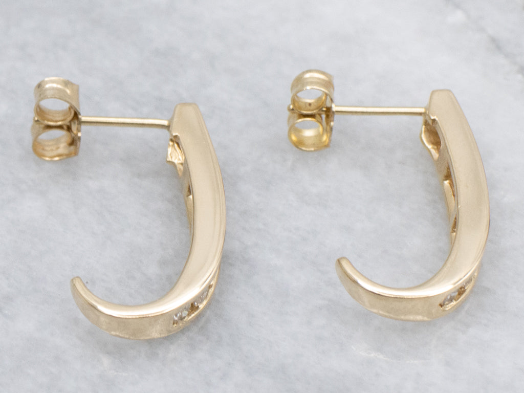 Channel-Set Diamond Curved Yellow Gold Stud Earrings