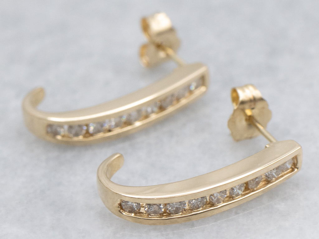 Channel-Set Diamond Curved Yellow Gold Stud Earrings