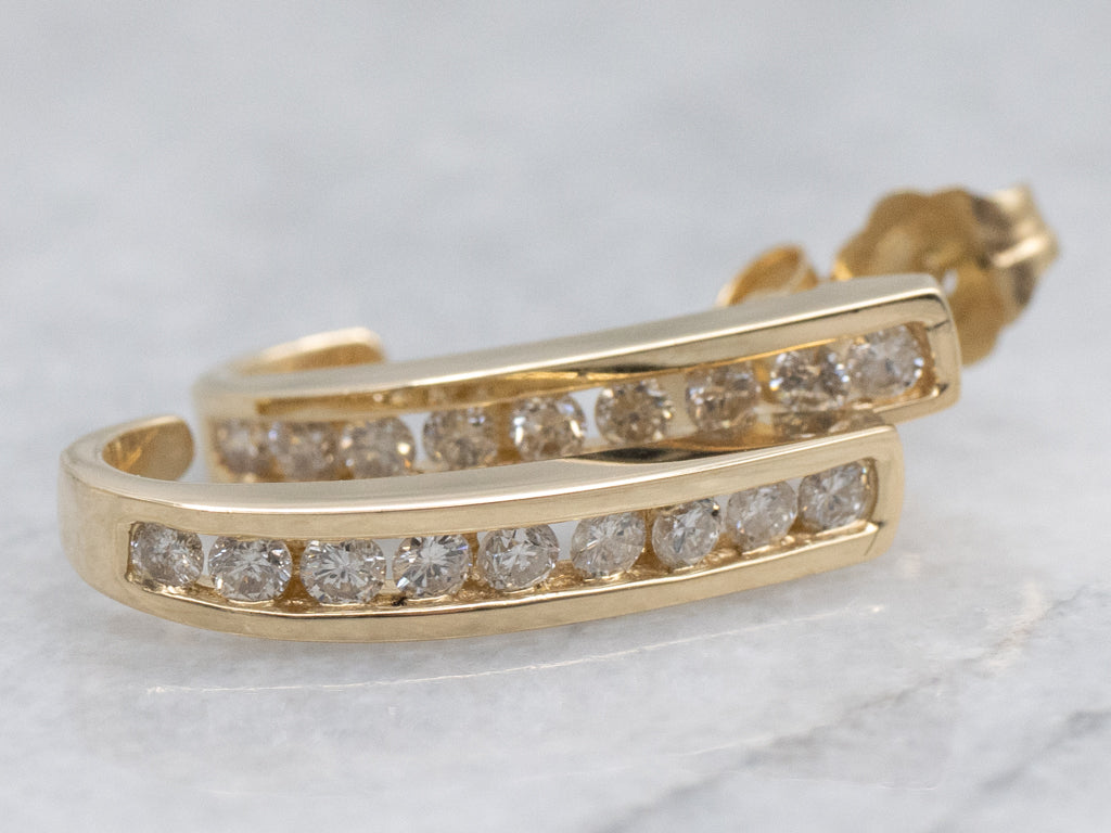 Channel-Set Diamond Curved Yellow Gold Stud Earrings