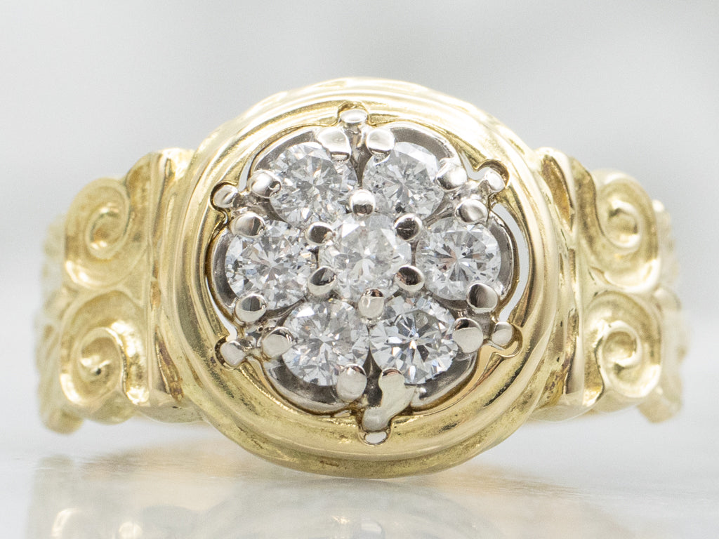 Italian Gold Diamond Cluster Ring with Owl Motif