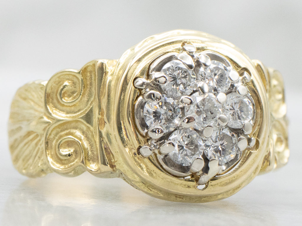 Italian Gold Diamond Cluster Ring with Owl Motif