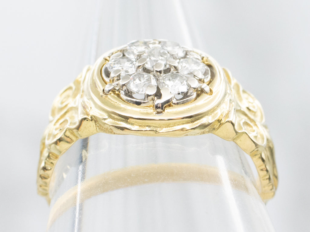 Italian Gold Diamond Cluster Ring with Owl Motif
