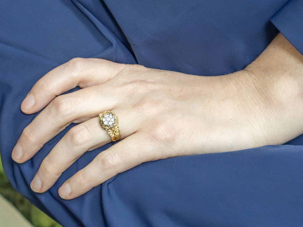 Italian Gold Diamond Cluster Ring with Owl Motif