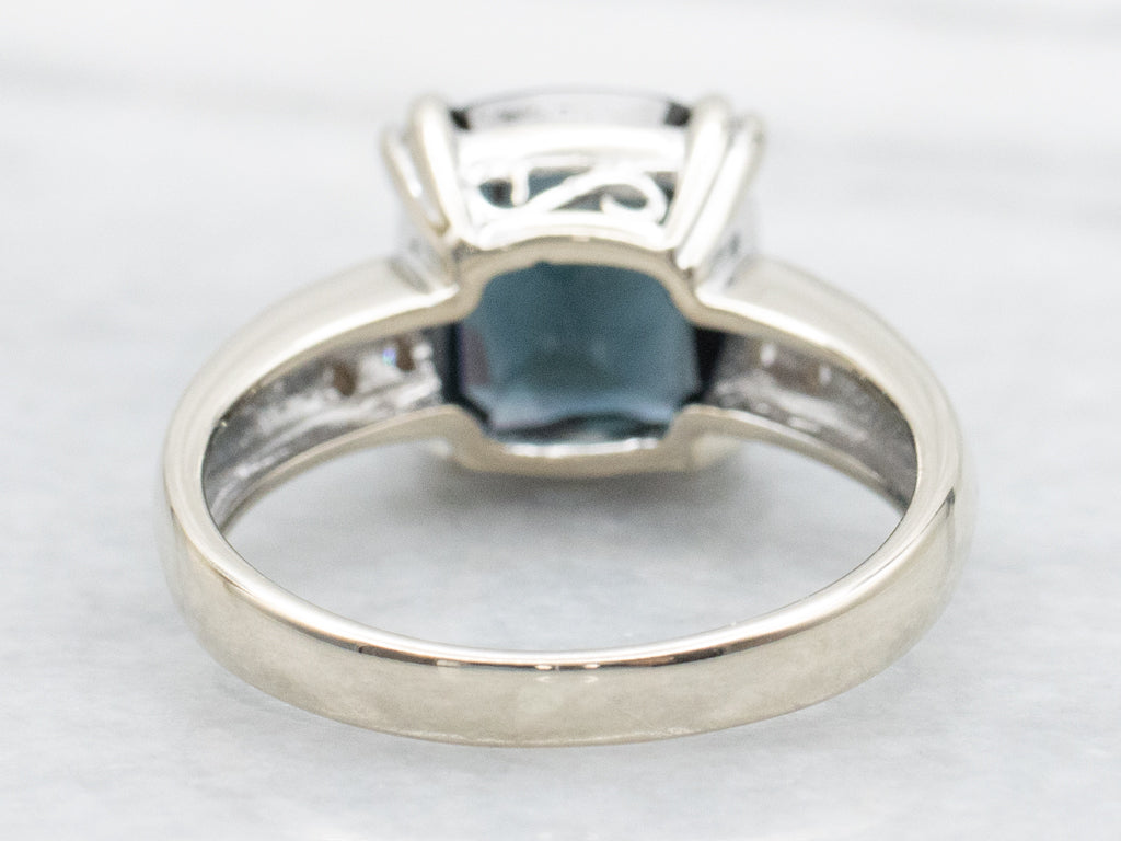 Modern White Gold Cushion-Cut Blue Spinel and Diamond Ring