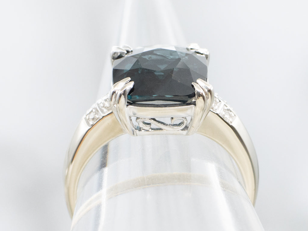 Modern White Gold Cushion-Cut Blue Spinel and Diamond Ring