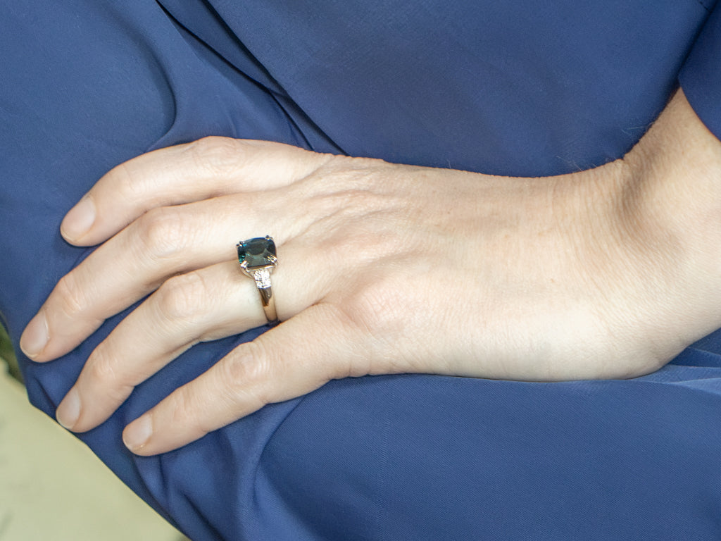 Modern White Gold Cushion-Cut Blue Spinel and Diamond Ring