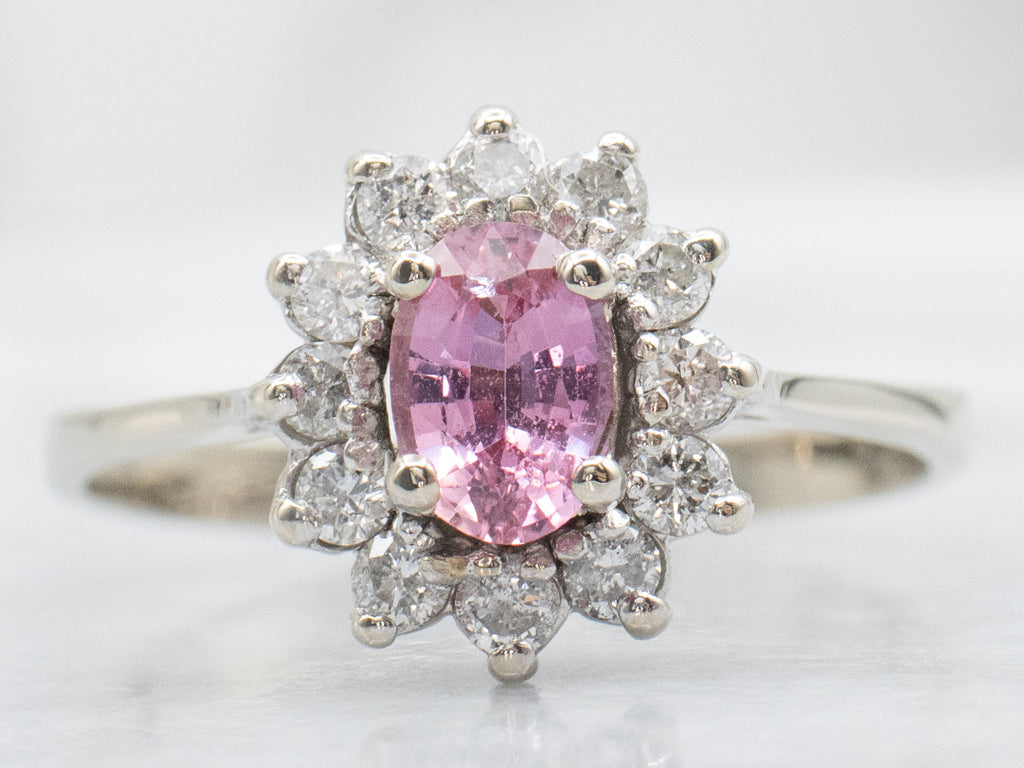 White Gold Pink Sapphire and Diamond Halo Engagement Ring