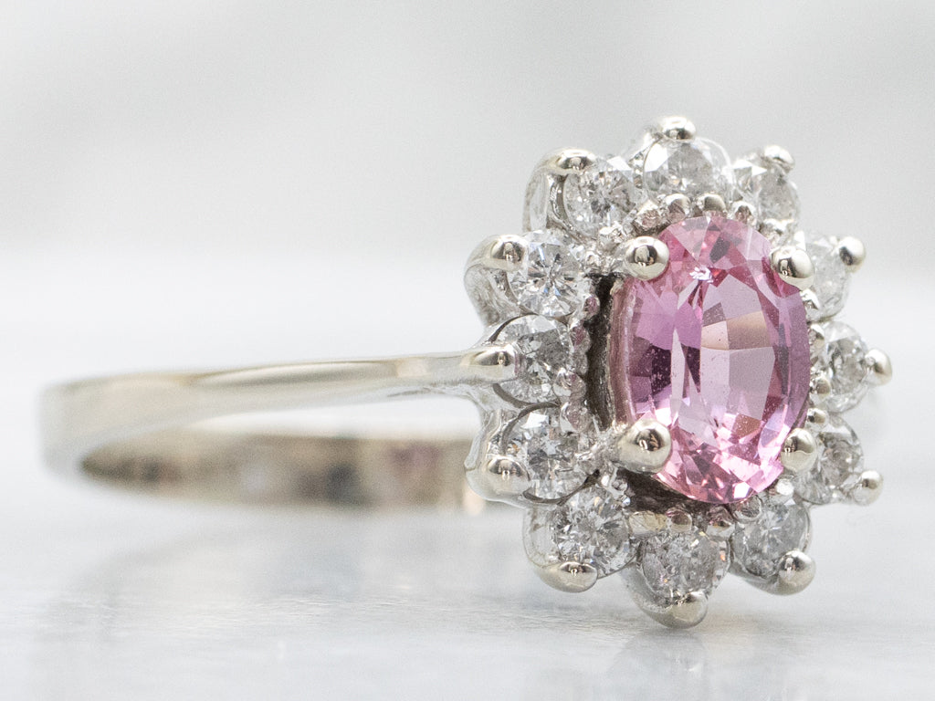 White Gold Pink Sapphire and Diamond Halo Engagement Ring