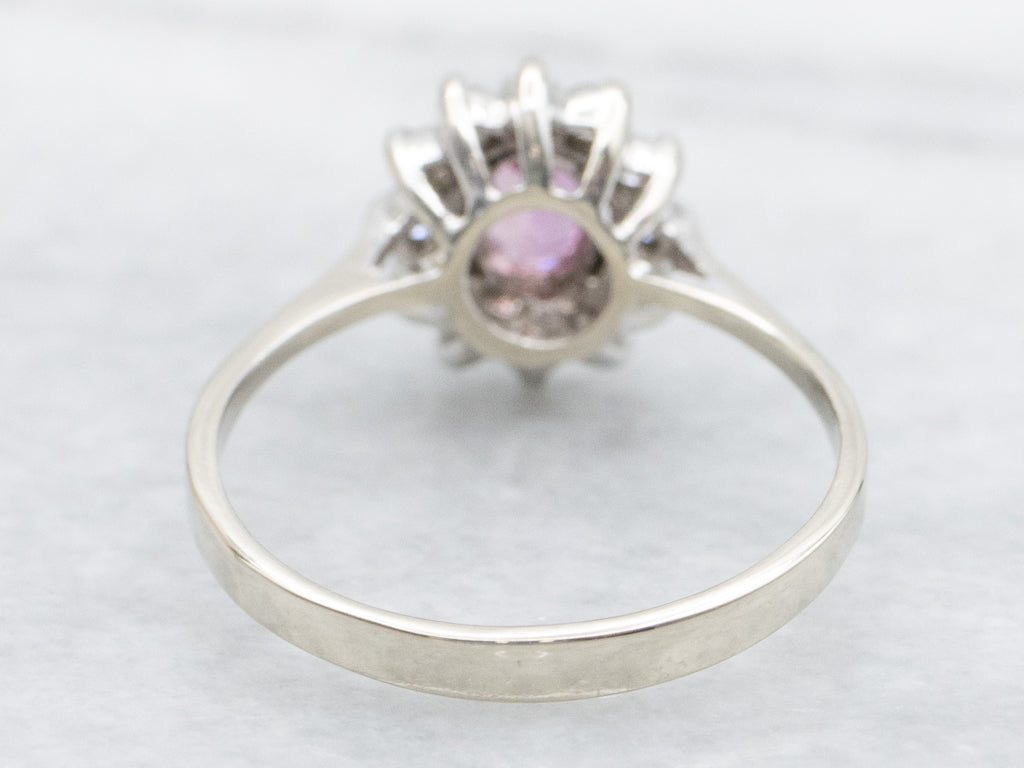 White Gold Pink Sapphire and Diamond Halo Engagement Ring